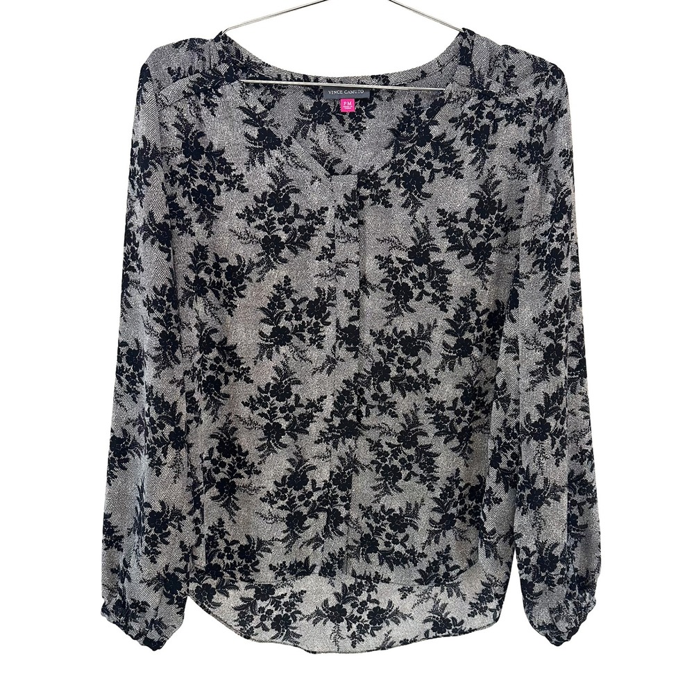 VINCE CAMUTO Chic Long Sleeve Floral Blouse • Medium Petite‎ • gray black preppy